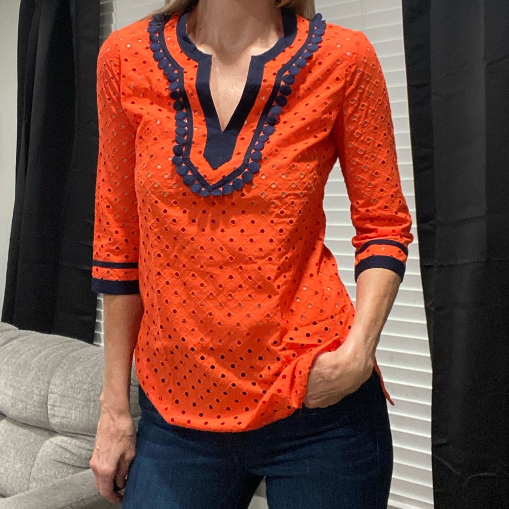 J. CREW 100% Cotton Orange Navy 3/4 Sleeve Eyelet Top Tunic Size XS